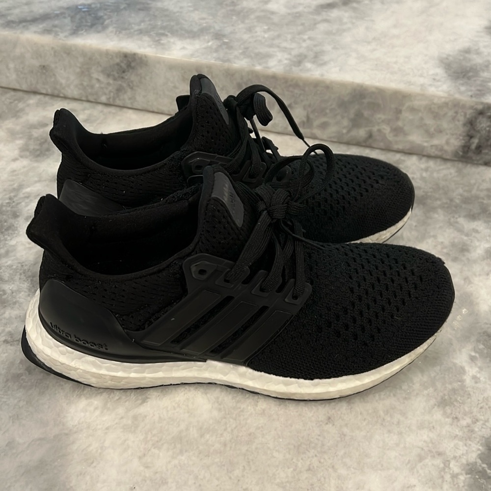 Adidas ultraboost sneakers big kids size 4 black. Used but good condition
